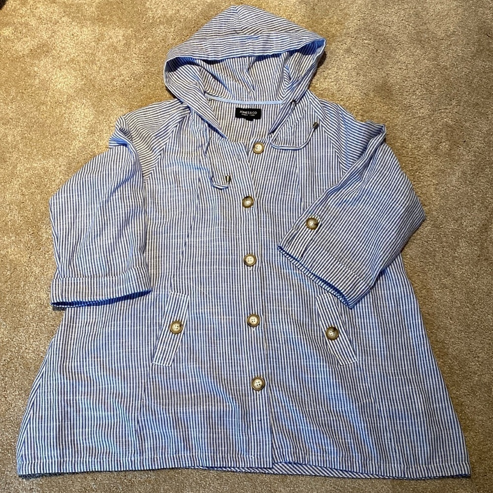 Jones New York Linen Cotton Blend Large Button Hooded Blue Wht Stripe Jacket 2X
